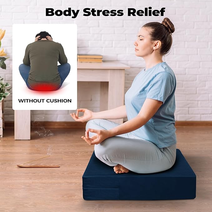 Large Floor Pillows for Adults, Thick Meditation Floor Cushions for Sitting Yoga, 22x22x5 Foam Seat Cushions Set of 2 for Furniture, Floor Pillow with Pleated Velvet Removable Cover, Navy