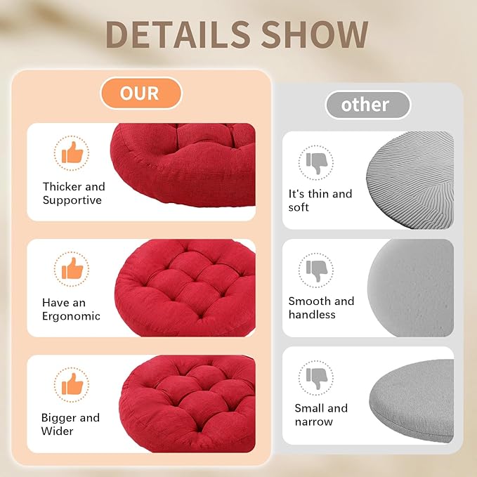 Meditation Floor Pillow, 2 Pack Round Floor Cushions for Adults, Button Tufted Seat Cushions for Yoga Tatami Living Room, Wine Red, 22 x 22 x 4 in