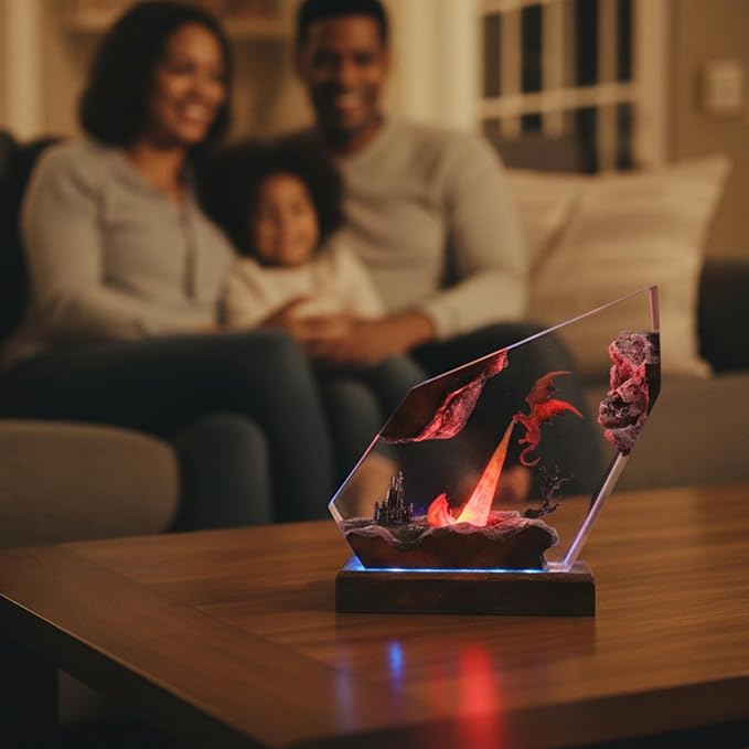 Handmade 3D Ocean Resin Lamp, Epoxy Ocean Night Light with Wooden Base, LED Color Changing Table Lamp, USB Powered Dragons Decor, Unique Ocean Gift for Bedroom & Home Office (Fire Dragon) - Bloomnest