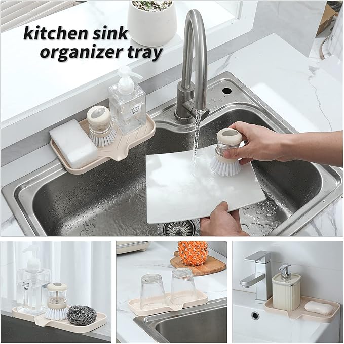 Silicone Bathroom Soap Dishes with Drain Spout-Bathroom and Kitchen Sink Organizer,Sponge Holder,Dish Soap Tray,Perfect for Dispenser,Scrubber,Bottle,Cup on Sink or Counter-Tapioca 9.6"×5.3" - Bloomnest