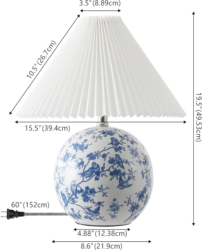 JONATHAN Y JYL5056B Shishen 19.5" Cottage Classic Chinoiserie Ceramic Orb LED Table Lamp with Pleated Shade, White/Blue for Bedroom, Living Room, Kitchen, Home Office, Kids Room - Bloomnest