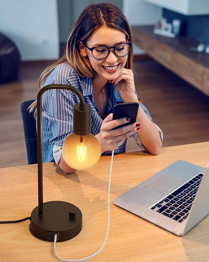 ONEWISH Industrial Table Lamp with 2 USB Port, Fully Dimmable Nightstand Bedside Lamps for Bedroom,Desk Lamps with 2700K Black Gradient Bulb for Reading Living Room,Office - Bloomnest