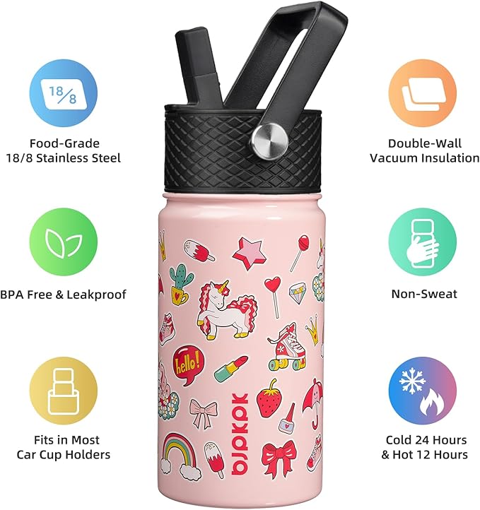 BJPKPK Insulated Water Bottle with Straw Lid, 15 oz Stainless Steel Metal Water Bottles, Reusable Leak Proof BPA Free Water Bottles, Cups, Thermo, Unicorn - Bloomnest