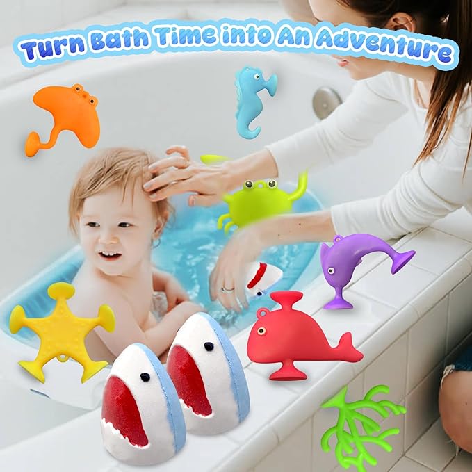 Shark Bath Bombs for Kids, 8 Surprise Bath Bombs with Sea Aninmals Inside & 4 Suction Cup Toys Outside, Natural Handmade Bubble Bath Ball Gift for Boys Girls Birthday Christmas - Bloomnest