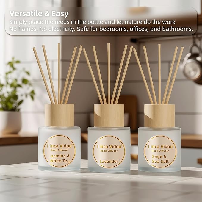 Reed Diffuser Set of 3, Binca Vidou Lavender, Jasmine & White Tea, Sage & Sea Salt Natural Scent Oil Diffusers with Sticks for Home Office Bathroom Aromatherapy Decor 1.69oz x 3 - Bloomnest