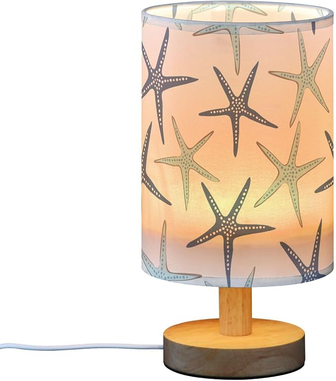 Table Lamp Nautical Starfish Pattern Nightstand Lamp with Wood Base Fabric Lamp Shade Bedside Desk Lamp for Living Room Bedroom Kids Room Office - Bloomnest