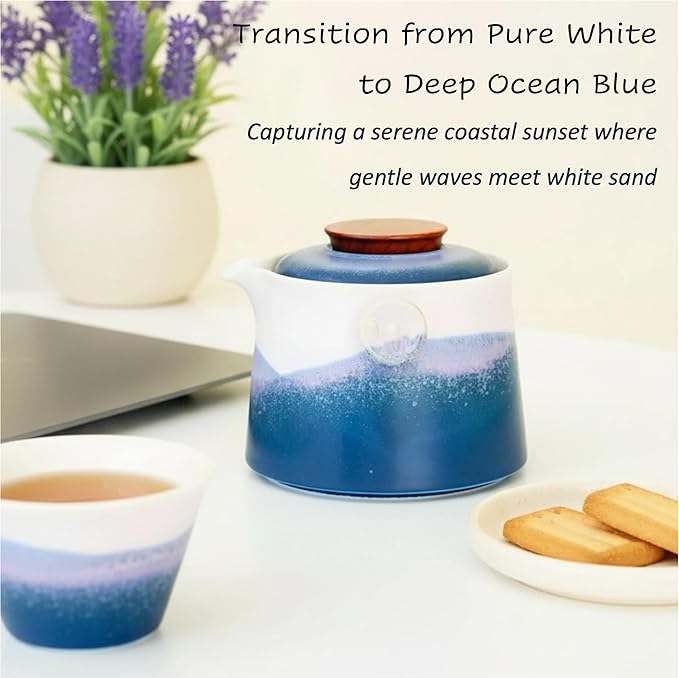 Hermit Life Chinese Travel Tea Set, Portable Ceramic Teapot for One to Two, Gongfu Tea Set with Color Gradient Design, 1 Pot 2 Cups, Gift for Tea Lovers (Azure Coast) - Bloomnest