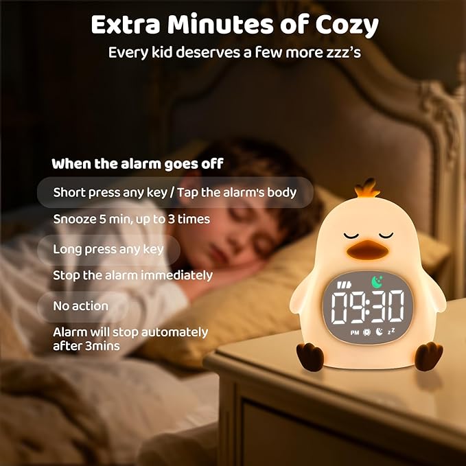 Sleepy Duck Alarm Clock with Night Light for Kids with Sleep Training and Sound Machine, Rechargeable Silicone Lamp OK to Wake Clock，Cute Animal Tabletop Lamp, Perfect Sleep Companion for Boys Girls - Bloomnest