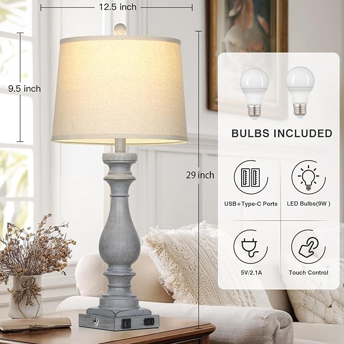 29" Tall Farmhouse Table Lamp for Living Room Set of 2,Vintage Retro Nightstand Lamps with USB C+A Ports & AC Outlet,3-Way Dimmable Touch Bedside Lamp for Bedroom Side Table,Light Grey - Bloomnest