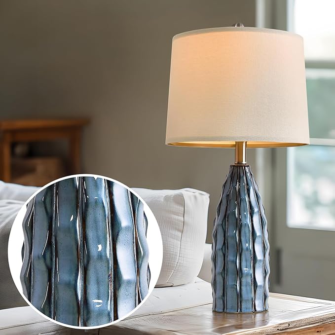 Ceramic Table Lamps Set of 2, 23.75" Modern Farmhouse Bedside Lamp - Blue Nightstand Lamps for Bedroom, Boho Living Room End Tables, Small Office Desk Lamp Decor - Bloomnest