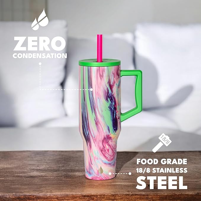 Elemental 40 oz Tumbler with Handle and Straw - Spill Proof Insulated Stainless Steel Commuter for Hot and Cold Beverages - Travel Coffee Mug with 2 Straws & Spill Proof Lid - 40oz - Aurora Dream - Bloomnest