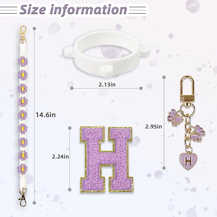 Compatible with Owala Water Bottle Accessories, Cute Letter Charm Set with Boho Handle Strap, Monogram Sticker, Silicone Ring, Keychain Decoration, for FreeSip 24 32 40oz, Owala Kids, Tumbler Gift SITKOL