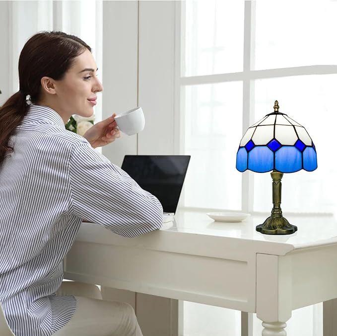 Tiffany Lamp Blue, Small Stained Glass Lamp for Bedside, Living Room - Bloomnest