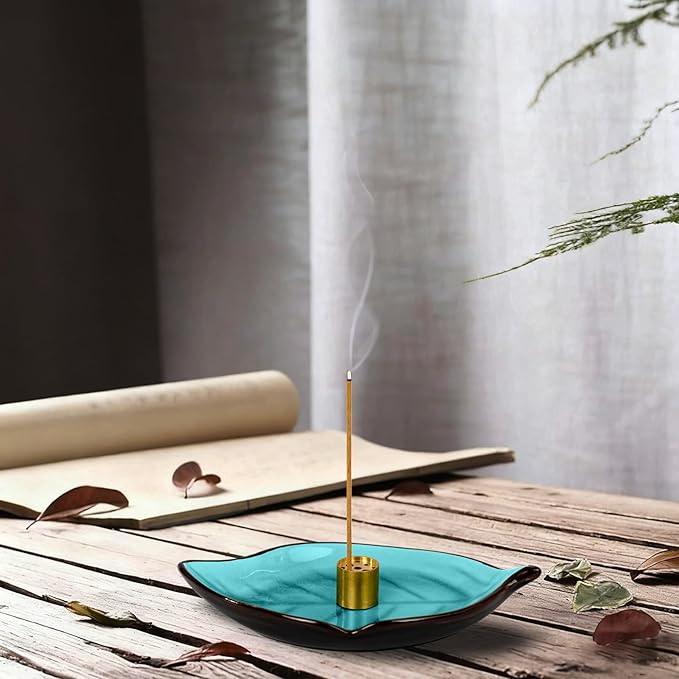 Incense Holder for Sticks (9 Holes) and Cones, Handmade Ceramic Incense Ash Catcher for Meditation, Yoga, SPA Days, Relaxing, Home Decor, Candle Holder, Easy to Clean, Leaf-Shape (Blue) - Bloomnest