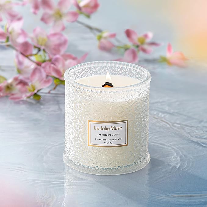 LA JOLIE MUSE Jasmin du Lotus Candle - Ivy, Jasmine, Cedarwood | 19 oz Large Wooden Wick Candle | Natural Soy Wax | 90 Hours Clean Burn | Gift-Ready for Hosts & Gatherings | Modern Home Decor - Bloomnest