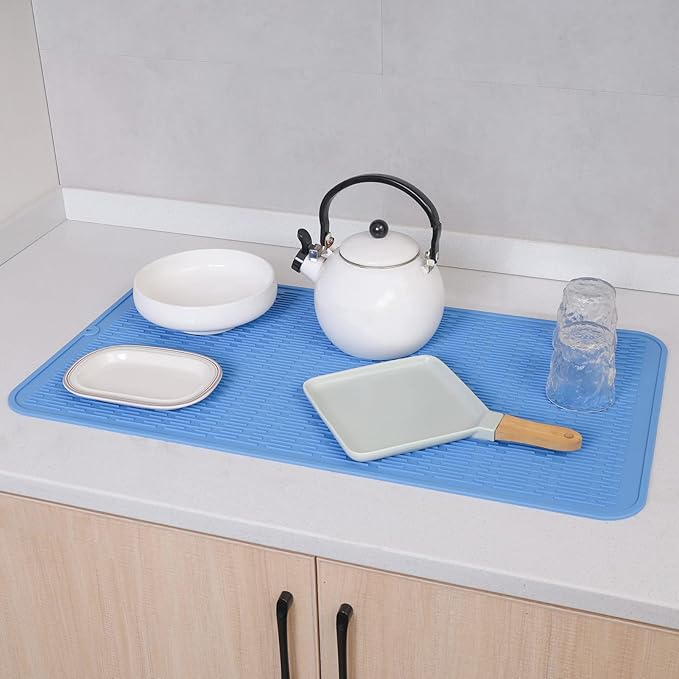 Silicone Dish Drying Mat for Multiple Usage,Easy clean,Eco-friendly,Heat-resistant Silicone Mat for Kitchen Counter or Sink,Refrigerator or Drawer Liner Lichen BlueL 4XL 32 inches x 18 inches - Bloomnest