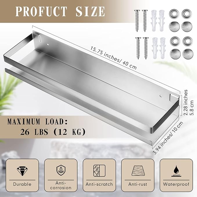 Lallisa 2 Pieces Stainless Steel Shelf Bathroom Shower Floating Shelves Wall Mounted Shower Caddy Basket Shelf Storage Organizer Shelves for Bathroom, Kitchen, Living Room (Silver,15.75 Inch/ 40 cm) - Bloomnest