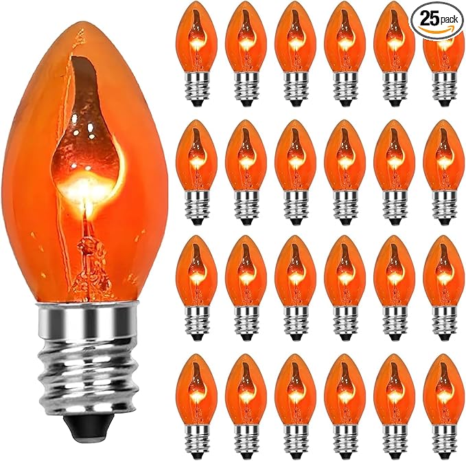 GOOTHY 25 Pack C7 Halloween Flicker Flame Light Bulbs, Orange Flickering Flame Replacement Bulbs for Chandelier Candles Christmas Outdoor String Lights, E12 Candelabra Base Night Light Bulbs, 1 Watt - Bloomnest