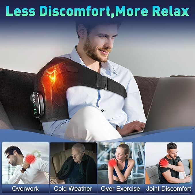 Cordless Shoulder Heating Pad, Shoulder Massager for Pain Relief Deep Tissue,Heated Shoulder Wrap & Brace with 3 Heat & Vibration Modes, Men & Women (Black) - Bloomnest