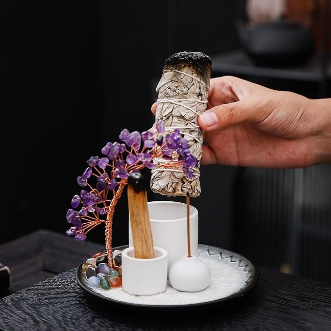 5 in 1 Incense Burner Holder with Crystal Tree for Burning Palo Santo Stick, Sage, Incense Sticks, Candle, Ceramic Tray Ash Catcher, Meditation Gift (Purple) YIENENG
