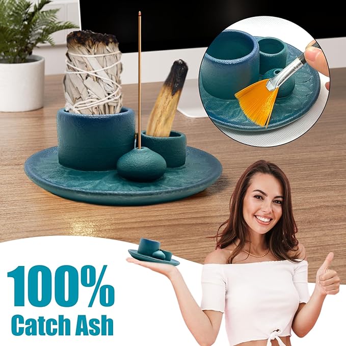 Palo Santo Holder - 4 in 1 Incense & Candle Holder - Ceramic Incense Holder Ash Catcher Tray for Meditation Room - Easy to Clean (Blue)