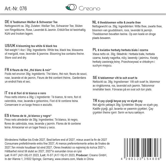 Creano Blooming Tea Mix 6pcs Set Flowering tea White Tea & Black Tea in Elegant Magnetic Box with Silver Embossing