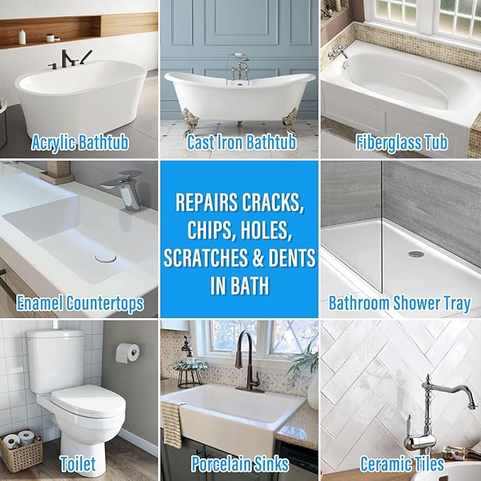 Tub Repair Kit White, Tub Chip and Bathtub Repair Kit for Enamel, Fiberglass, Acrylic, Porcelain, Patch and Repairs Chips, Crack, Scratches, Rust, Holes on Tubs, Toilet, Sink, Shower, Tray in Bathroom - Bloomnest