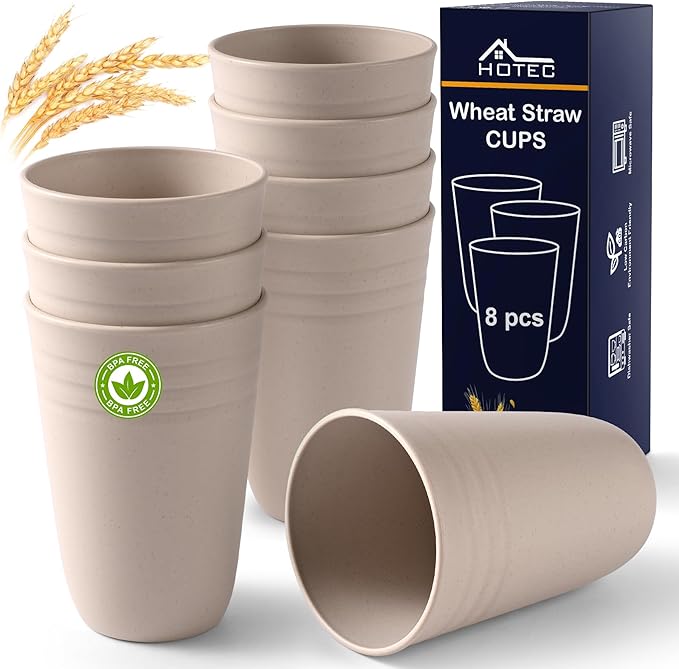 HOTEC 8-Pack 15oz Plastic Cups, BPA-Free Reusable Drinking Cup set, Unbreakable Tumblers, Dishwasher Safe Water Plastic Glasses, Khaki - Bloomnest