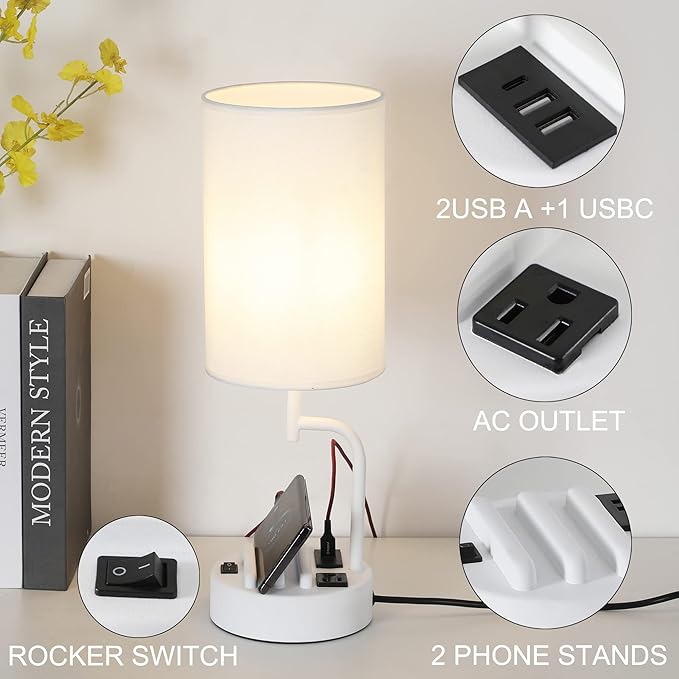 Dreamholder Table Lamp with 3 USB Charging Ports, Modern Desk Lamp with AC Outlet and Phone Stands, Perfect Bedside Lamp for Bedroom, Living Room, Office (Pack of 2), White - Bloomnest