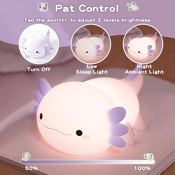 Axolotl Night Light for Kids,Cute Purple Axolotl Lamp ,LED Squishy Nursery Nightlight, Food Grade Soft Silicone Novelty Animal Bedside Lamp,Adorable Room Decor , Axolotl Gitfs for Mother Girls Baby - Bloomnest