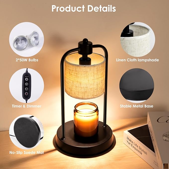 Candle Warmer Lamp Electric with Timer: Wax Melts Warmer - Dimmable Candle Wax Warmer Electric Candle Warmer with Replacement Bulbs, Bedroom Home Decor Compatible with Various Candles-Linen - Bloomnest
