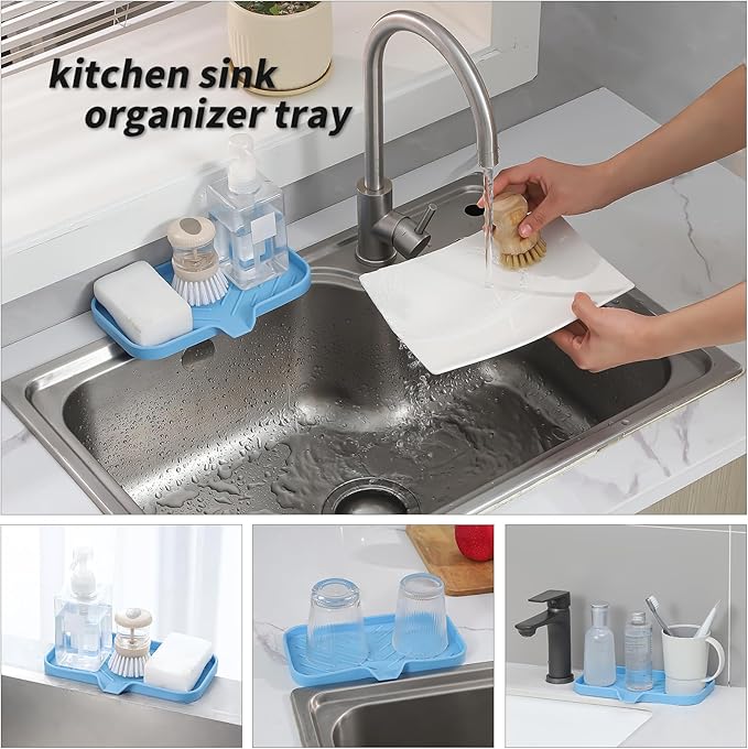 Silicone Bathroom Soap Dishes with Drain Spout-Bathroom and Kitchen Sink Organizer,Sponge Holder,Dish Soap Tray,Perfect for Dispenser,Scrubber,Bottle on Sink or Counter-Light Blue 9.6"×5.3" - Bloomnest