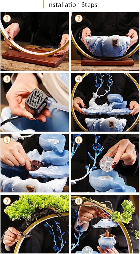 Deer Tabletop Water Fountain with LED Light Mist, Home Decor Includes Backflow Incense,Japanese Water Fountains for Meditation,Indoor Zen Decor for Office,Living Room or Bedroom (Blue)