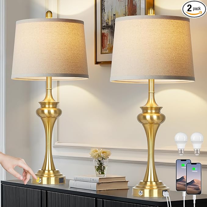 30" Gold Tall Table Lamps for Living Room, Touch Control Modern Bedroom Table Lamp with USB A+C Ports, 3-Way Bedside Lamps Set of 2, Elegant Metal Lamp for Night Stand Desk Side Table Office - Bloomnest