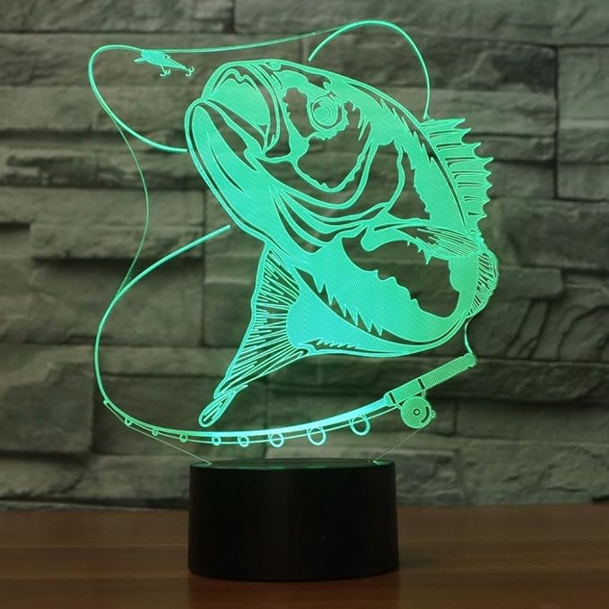 3D Fishing Fish Night Light Lamp Illusion 7 Color Changing Touch Switch Table Desk Decoration Lamps Led Christmas Gift with Acrylic Flat ABS Base USB Cable Toy - Bloomnest