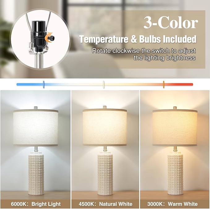 Luvkczc 24.8" Modern Ceramic Bedside Lamp Set of 2, 3 Color Temperature&Bulbs Included - Farmhouse Nightstand Lamps for Living Room Bedroom End Table Office Entryway - Bloomnest