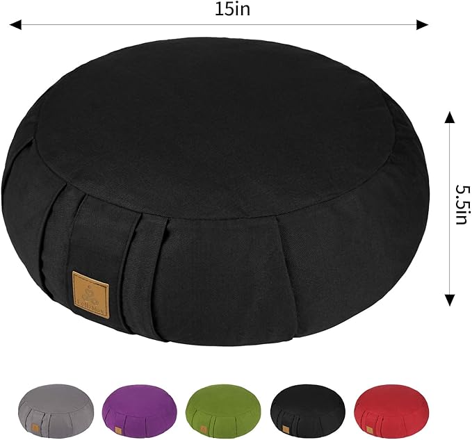 Round Zafu Meditation Cushion, D=15" H=5.5" Zabuton Meditation Pillow, Yoga Bolster/Pillow, Floor seat, Zippered Organic Cotton Cover, Natural Buckwheat, Kneeling Pillow - Bloomnest
