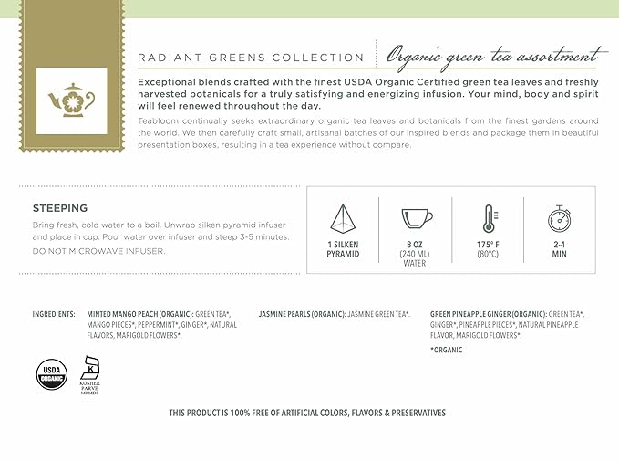 Teabloom Radiant Greens – Organic Green Tea Sampler with 12 Plant-Based Pyramid Sachets, Jasmine Pearls, Minted Mango Peach & Pineapple Ginger, Gift-Ready Presentation Box for Tea Lovers - Bloomnest