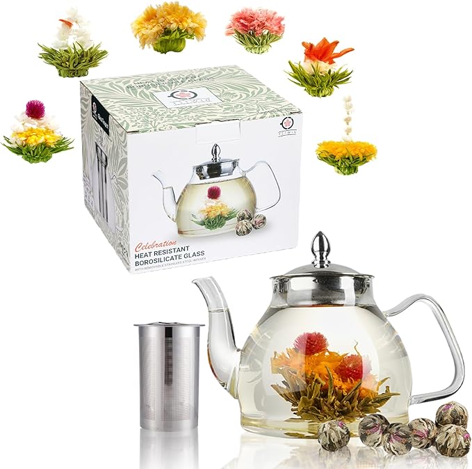 TETWIN Glass Teapot Including 6 Blooming Flower Tea Balls, Stovetop Safe Tea Pot with Removable Infuser for Loose Leaf Tea, 1000ml / 33.8oz - Bloomnest