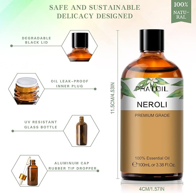 Neroli 3.38fl.oz Essential Oil, PHATOIL Pure Aromatherapy Oils for Diffuser, Humidifier, Perfect for DIY Soap, Candle, Bath Bombs Making(100ml) - Bloomnest