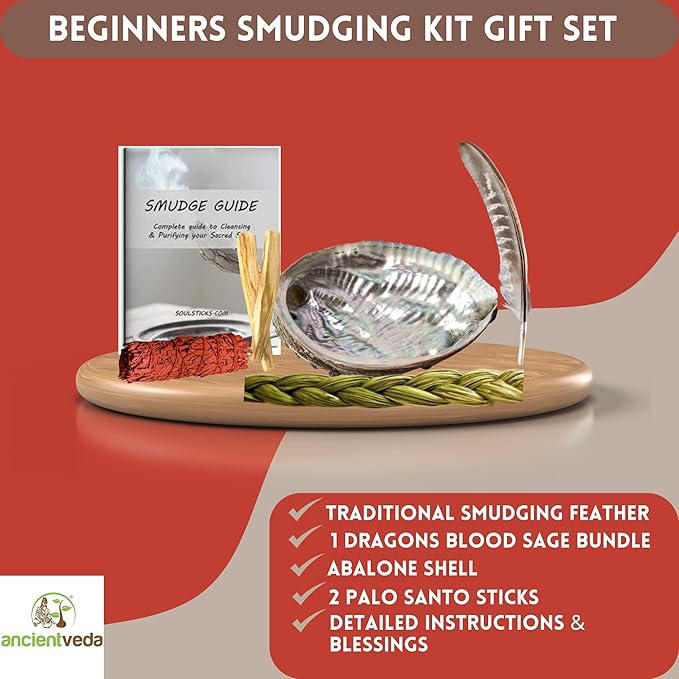 Ancient VEDA Organic Smudge Kit – Dragon's Blood, Palo Santo, Sweetgrass, Abalone Shell, Feather & Smudge Guide | Smudging Kit for Home Energy Cleansing, Meditation (Healer's Kit, Dragon's Blood Sage) AncientVeda