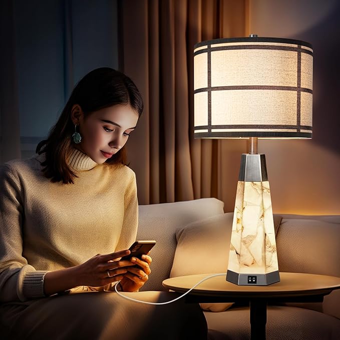 27" Natural Alabaster Table Lamps for Living Room, Bedroom Lamps Set of 2 with Night Light, Living Room Lamps with USB A+C Ports, Table Lamp with Linen Shade for Bedside (Bulbs Included) - Bloomnest