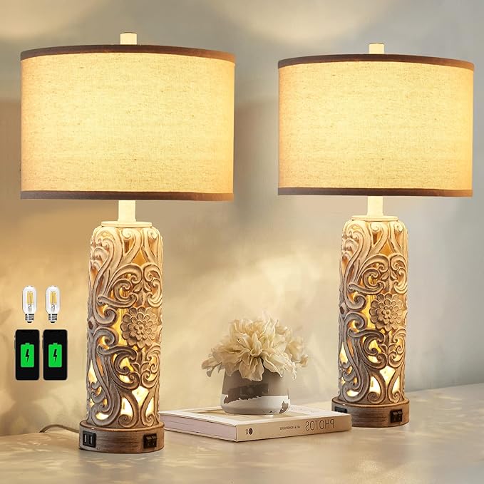 Set of 2 Rustic Farmhouse Table Lamps for Living Room Bedroom, Vintage Bedside Lamp with Dual USB Port, Antique White Resin Retro Nightstand Lamps with Night Light - Bloomnest