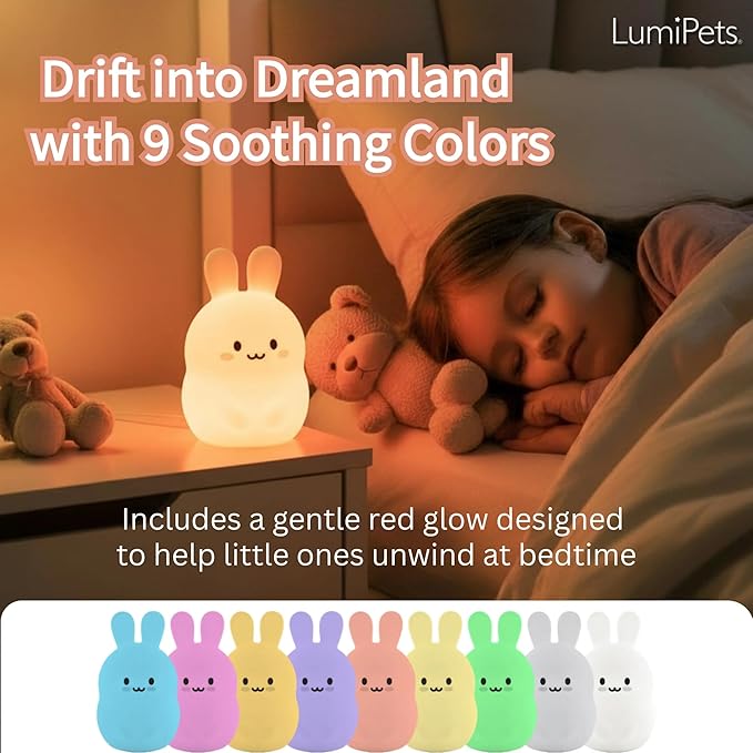 Lumipets Baxter The Bunny Squishy Night Light for Kids | Silicone Lamp with Tap & Remote Control | Rechargeable Color Changing Animal Night Light for Boys & Girls | Portable Nightlight with USB Cord - Bloomnest