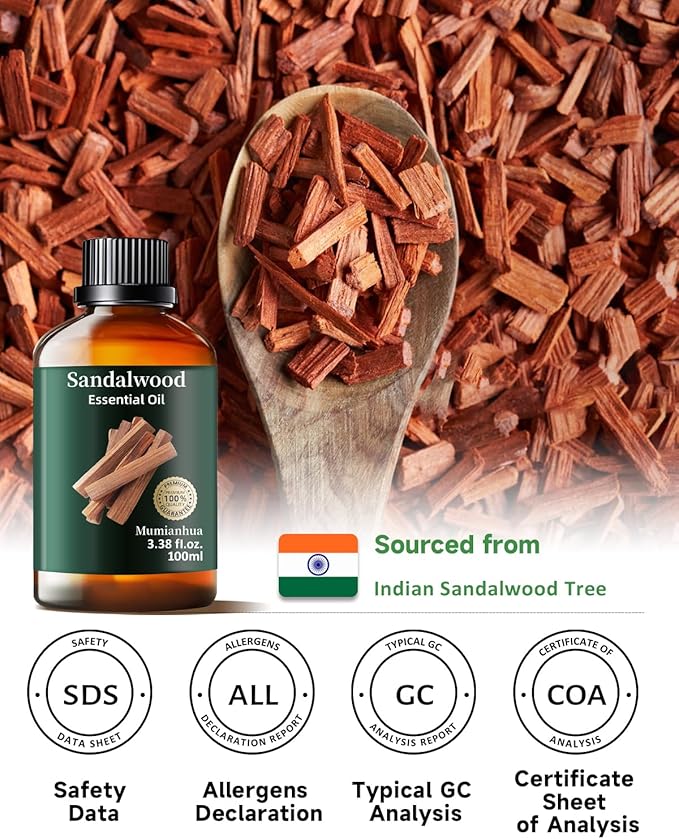 Pure Sandalwood Essential Oil, Mumianhua Natural Sandalwood Oil for Diffuser Aromatherapy, Skin, Hair, Massage, Candle, Soap Making, Evening Meditation, Calm Connection, Woody Grounding 3.38 Fl Oz - Bloomnest
