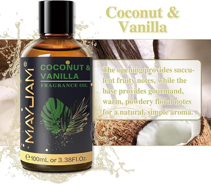 MAYJAM 100ML/3.38FL.OZ Coconut & Vanilla Fragrance Oils with Glass Dropper, Essential Oils for Diffusers for Home, Long Lasting Scented Oils for Diffusers Soap Candle Making - Bloomnest