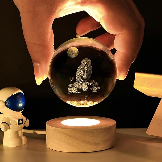 3D Laser Etched Owl Crystal Ball with LED Stand, Glass Owl Animal Figurine Lamp Night Light Gifts for Women Kids(2.4 in) - Bloomnest
