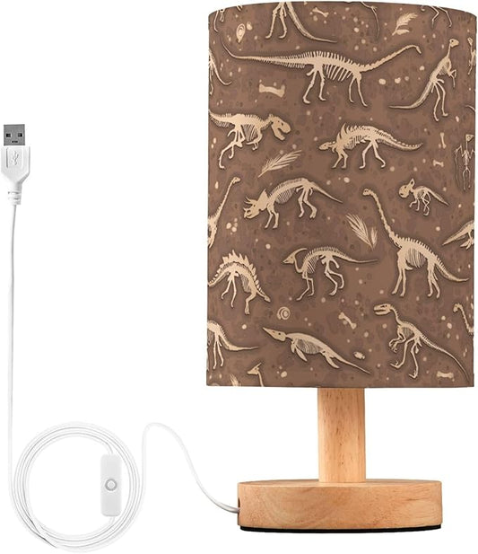 Table Lamp Dinosaur Fossil Dino Skeletons Pattern Nightstand Lamp with Wood Base Fabric Lamp Shade Bedside Desk Lamp for Living Room Bedroom Kids Room Office - Bloomnest