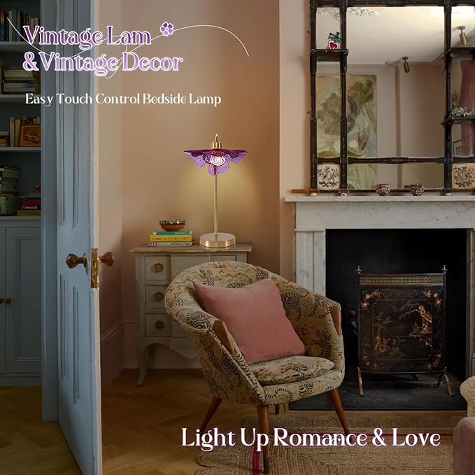 bedside table lamps of 2 touch Table lamp Mid Century Modern lamp Gold Desk lamp nightstand lamp vintage desk lamp small table lamp Purple Glass table light for end table Bedroom Living Room farmhouse - Bloomnest