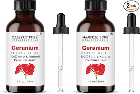 Majestic Pure Essential Oil with Glass Dropper - 100% Pure and Natural - Essential Oils for Diffuser, Aromatherapy, Soap and Candle Making, Geranium Essential Oil, Geranium Oil, 1 Fl Oz (Pack of 2) - Bloomnest